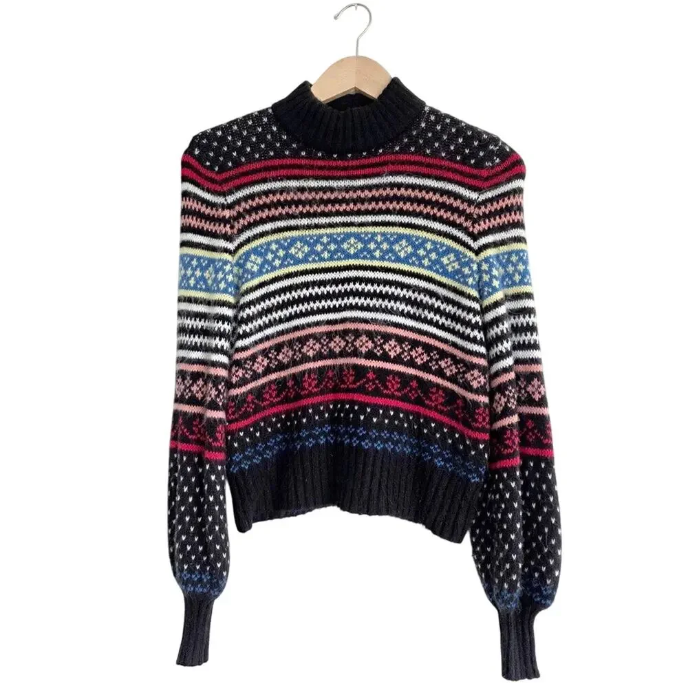 American Eagle Fair Isle Mock Neck Sweater Small Black Multi Color Knit Boho Coz